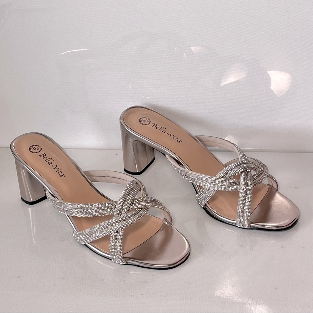 Bella Vita Silver Crystal Knot Block Heel Sandals